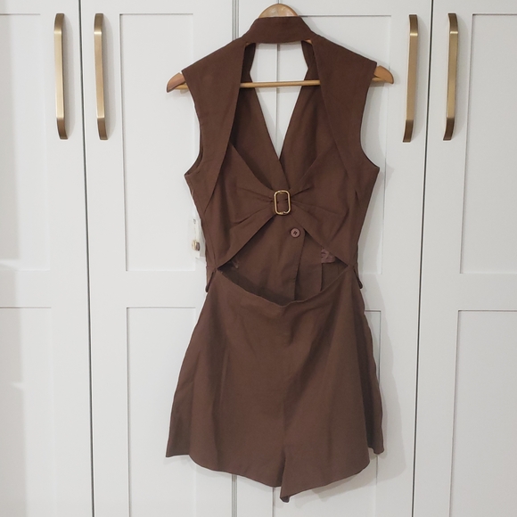 Anthropologie Linen Blend Sleeveless Vest Romper Womens S Brown Open Back - Picture 4 of 11